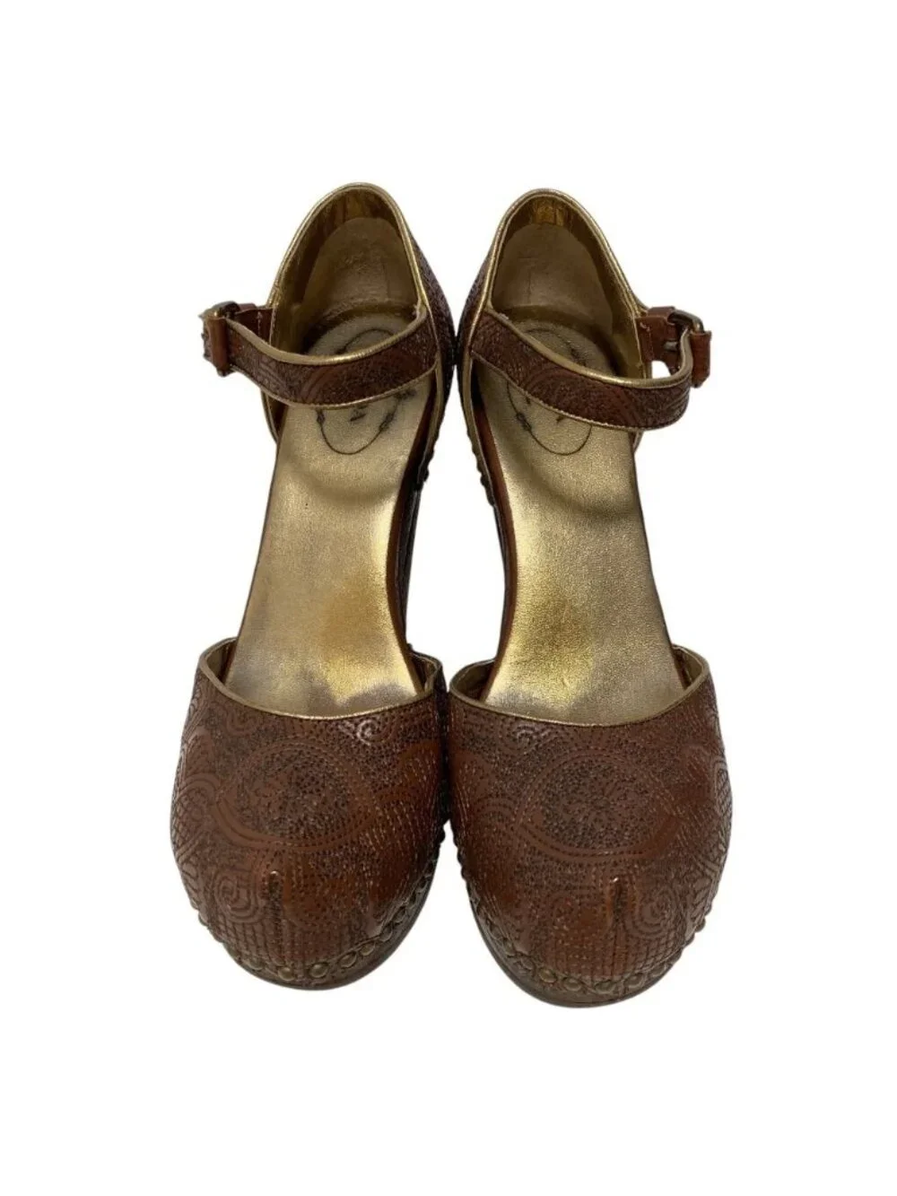 Prada Flower Embroidery Wood Sole Ankle Strap Pumps 37.5 Equivalent Brown